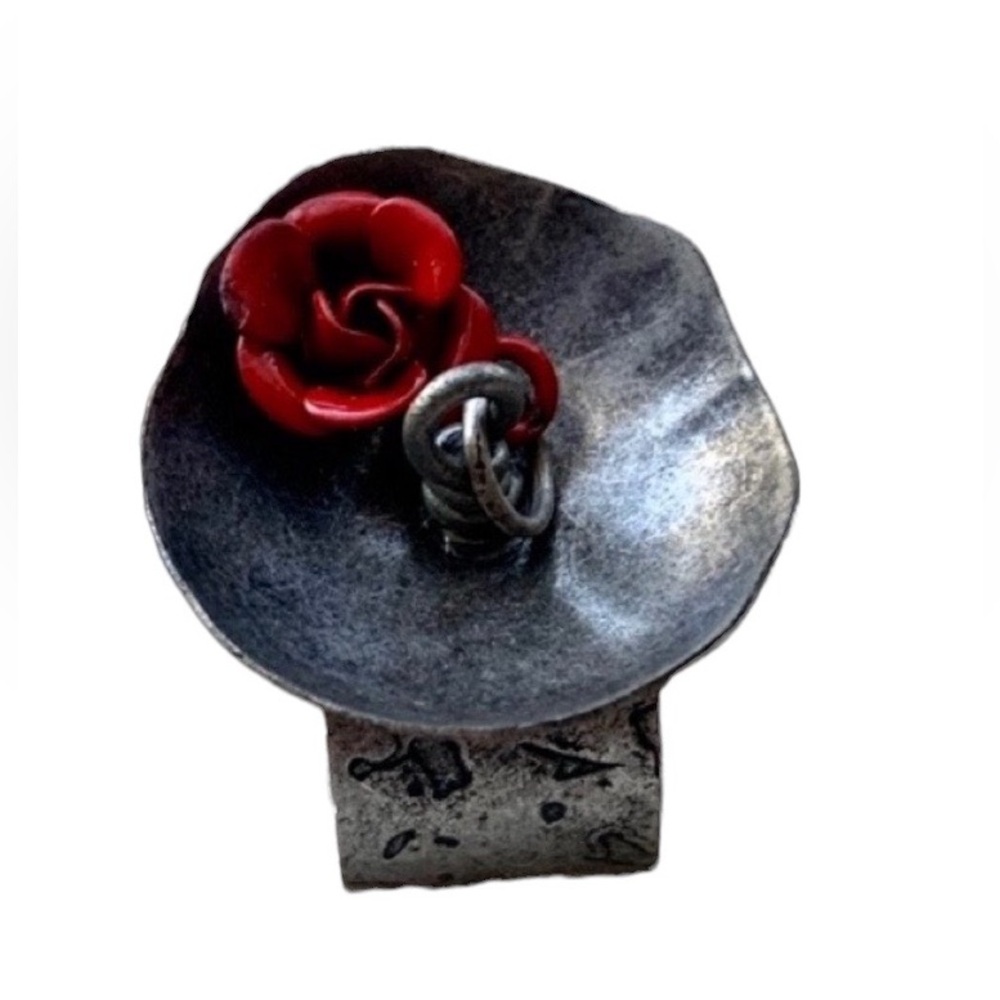 Artesian Blood Red Rose Silver Tone Wide Band Fashion Ring Goth Gothic Vampire